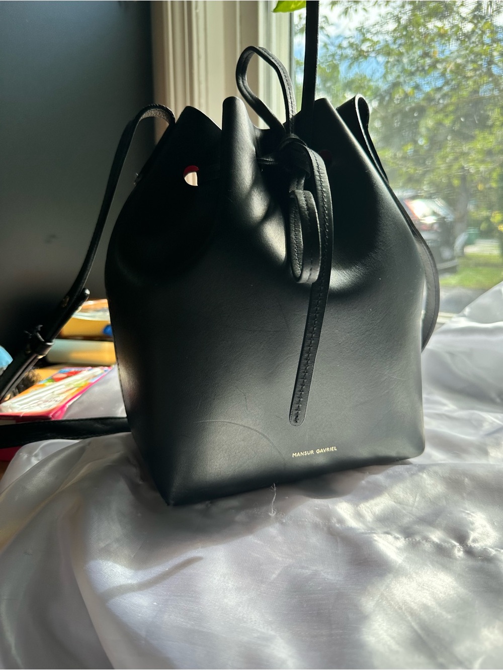 Mansur Gavriel Black Bucket Crossbody with Red Interior